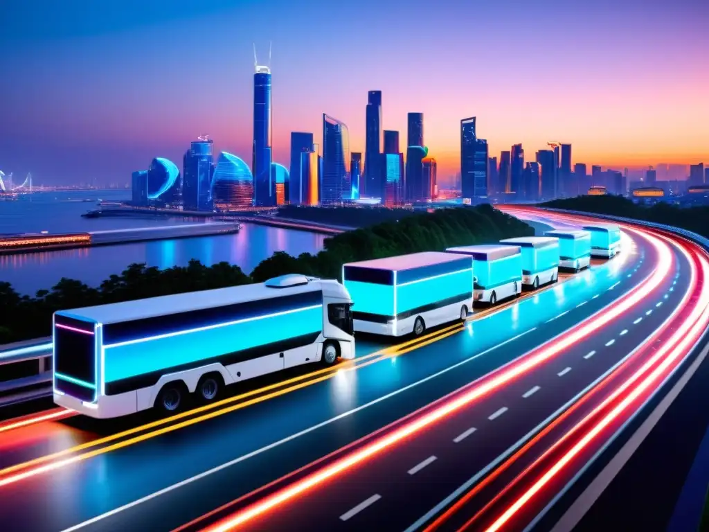 Conjunto de vehículos comerciales modernos con tecnología 5G, gestionando flotas en una ciudad futurista iluminada por luces de neón al anochecer