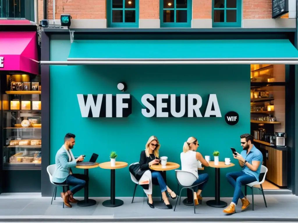 Consejos para conexión segura en WiFi pública: escena urbana con gente usando dispositivos en café de la ciudad