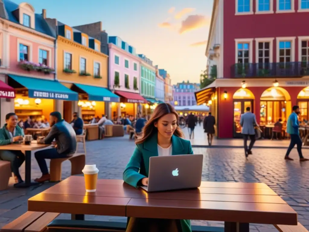 Consejos para una conexión segura en WiFi pública: persona usando laptop en concurrida plaza al atardecer