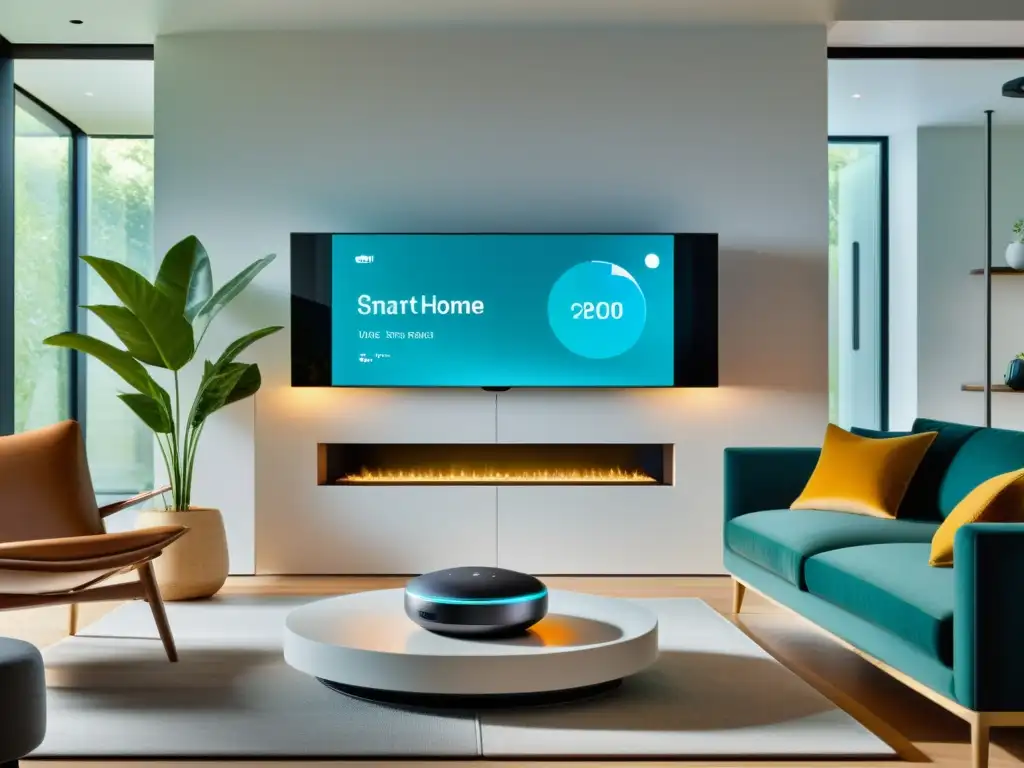 'Consejos para instalar IoT en el hogar: Imagen detallada de un moderno hogar inteligente con dispositivos IoT integrados en un espacio minimalista y elegante