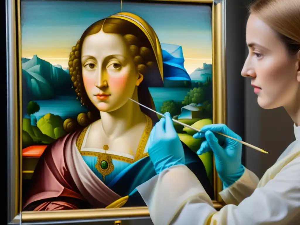 Conservadores aplicando nanotecnología en la restauración de una pintura renacentista, resaltando detalles y colores