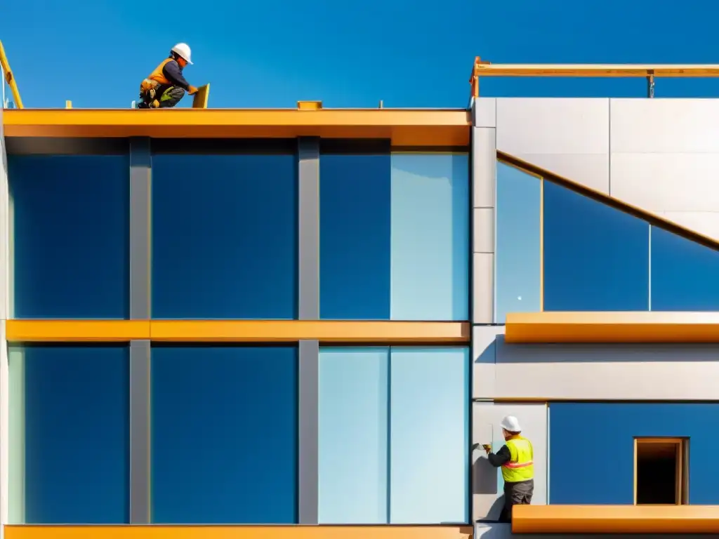 Construcción moderna con aplicaciones de nanoaislantes para conservación de energía, reflejando tecnología de vanguardia