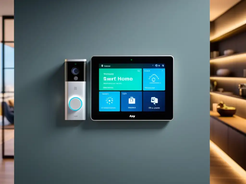 Control central de una casa inteligente con dispositivos IoT interconectados, mostrando datos en tiempo real de consumo de energía, imágenes de cámaras de seguridad y controles ambientales