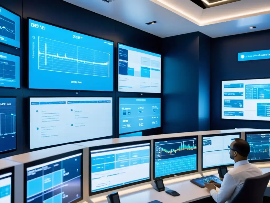 Control central futurista de redes eléctricas preparadas transición energética, tecnología avanzada y eficiencia en azules y blancos