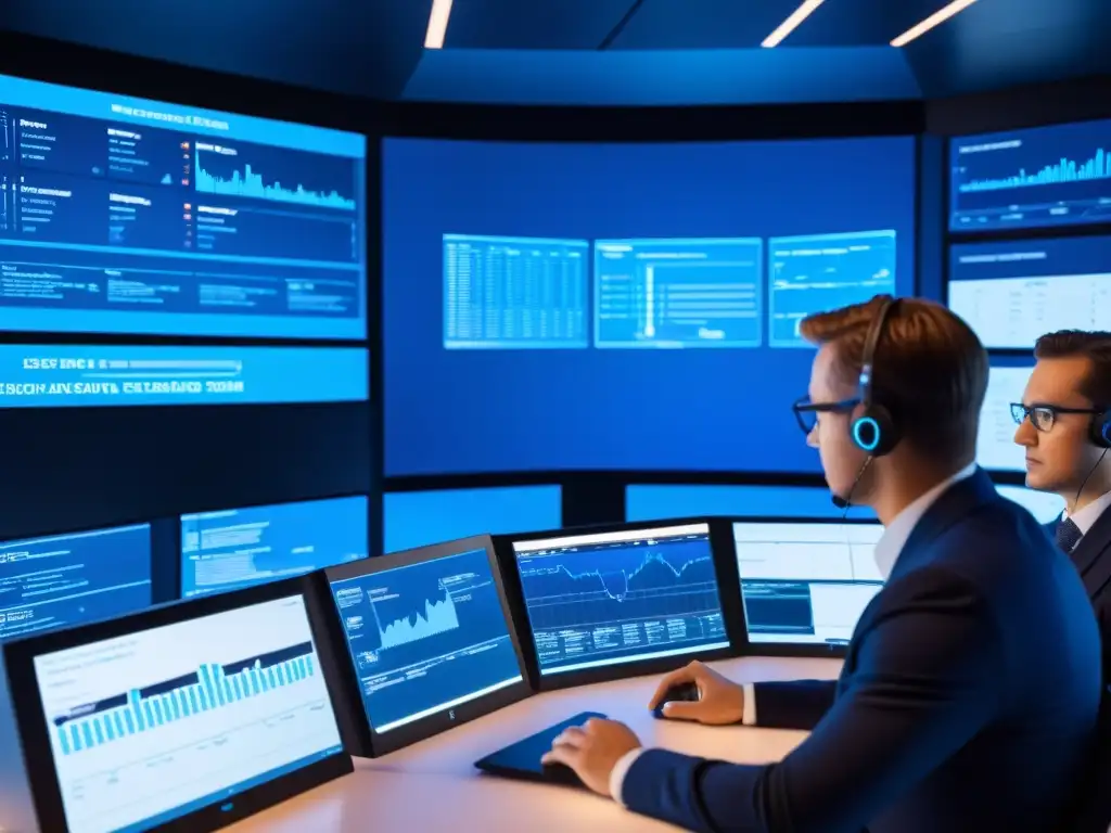 Control room futurista con análisis predictivo y profesionales enfocados en la toma de decisiones