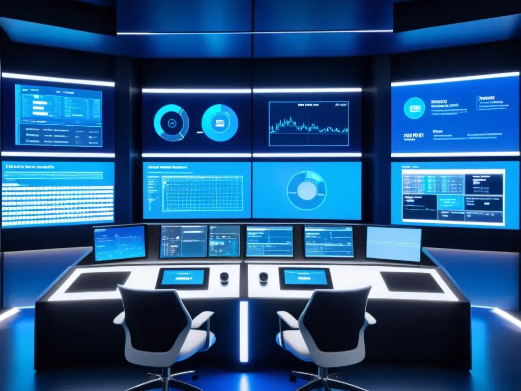 Control room futurista con pantallas de datos y análisis predictivo, iluminada en azul