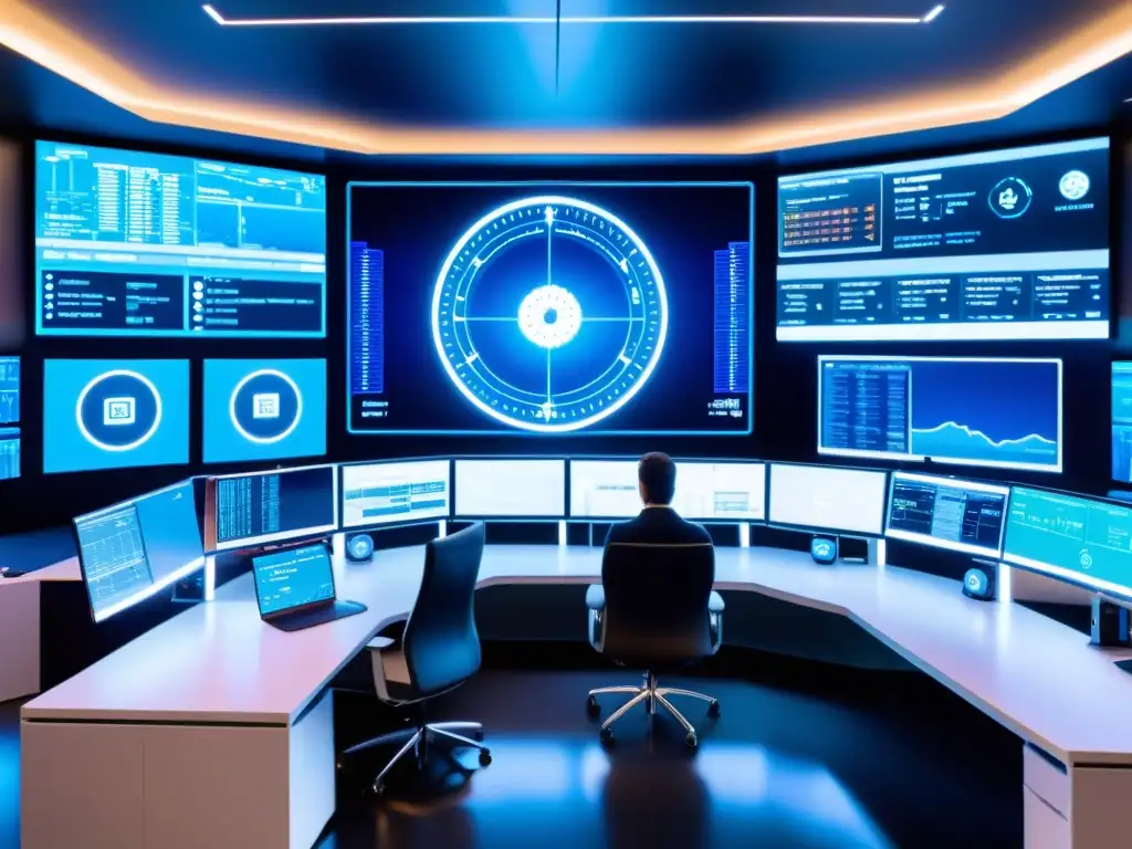 Un control room futurista con sistemas avanzados de IoT y profesionales vigilando la seguridad en redes de IoT