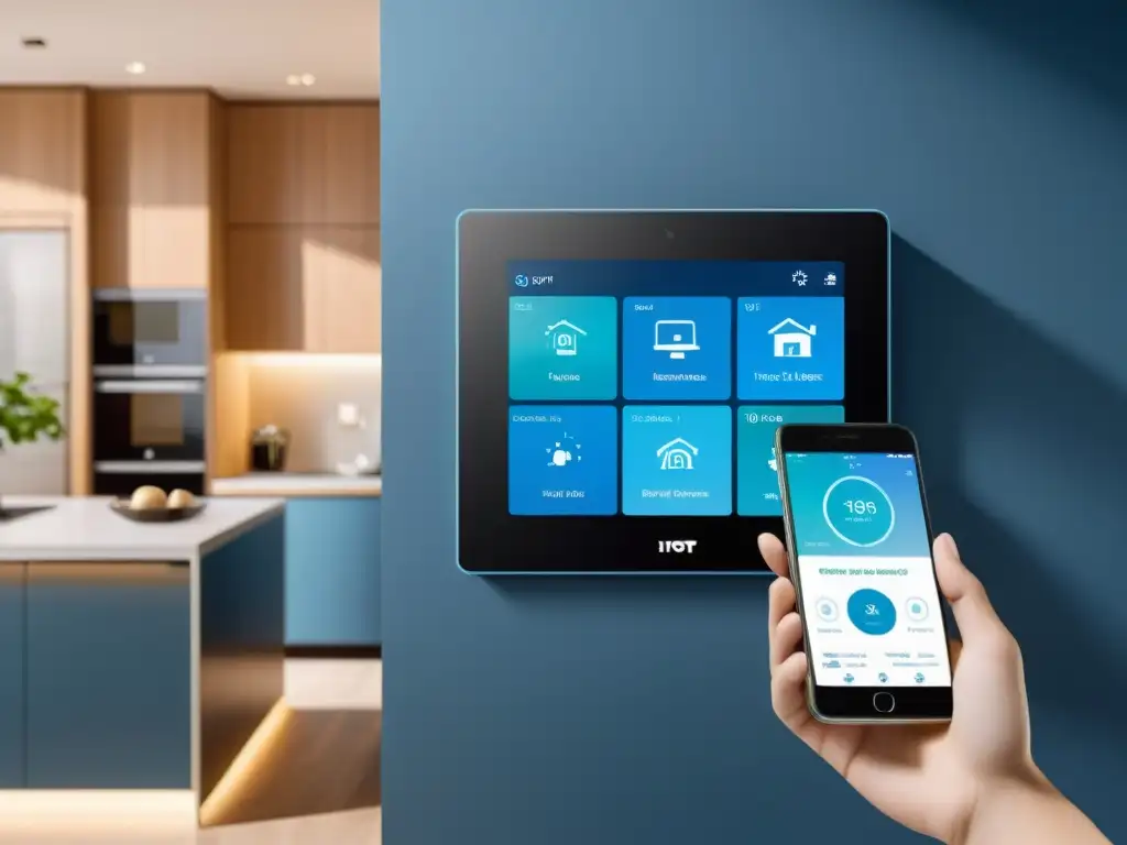 Control parental en tecnología IoT: Central de control moderna en hogar inteligente, padres supervisando dispositivos mientras niños juegan