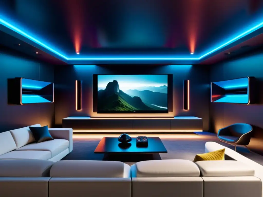 Convergencia entretenimiento cine TV Tech: Sala futurista con tecnología de vanguardia, TV grande y ambiente de cine en casa