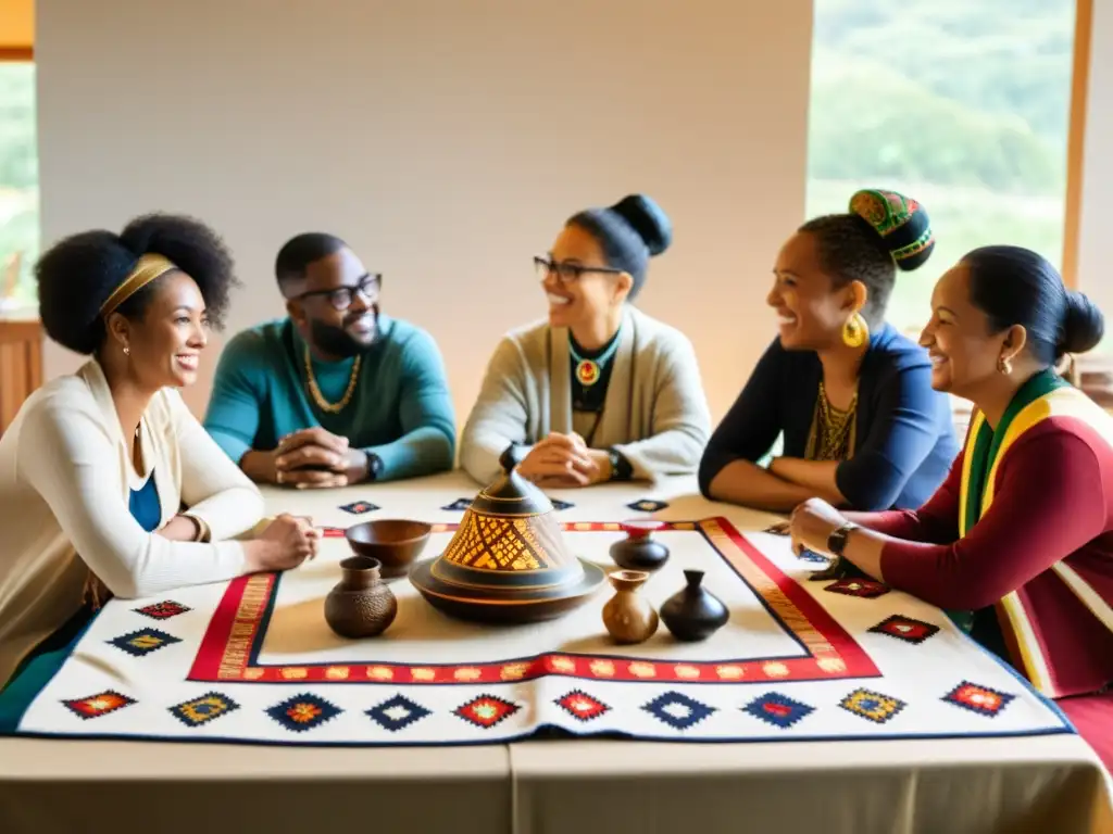 Conversación respetuosa y diversa sobre el impacto de la IA en la diversidad cultural, en un ambiente lleno de luz natural y símbolos culturales