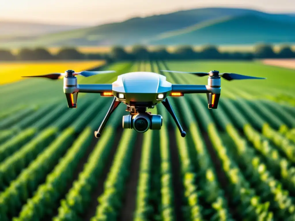 Dron agrícola para cosecha de precisión sobrevuela campo verde exuberante, capturando innovación y precisión en tecnología de drones agrícolas