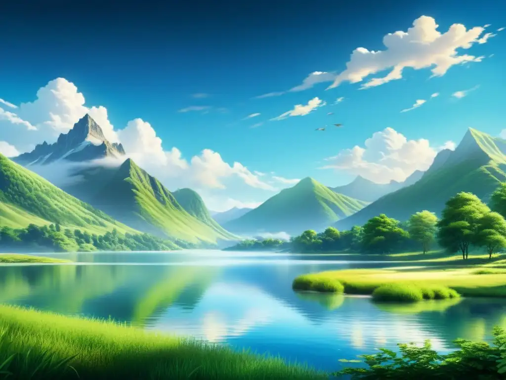 Creación de obras maestras con IA: Pintura digital hiperrealista de un paisaje sereno con lago, vegetación exuberante y montañas majestuosas al fondo