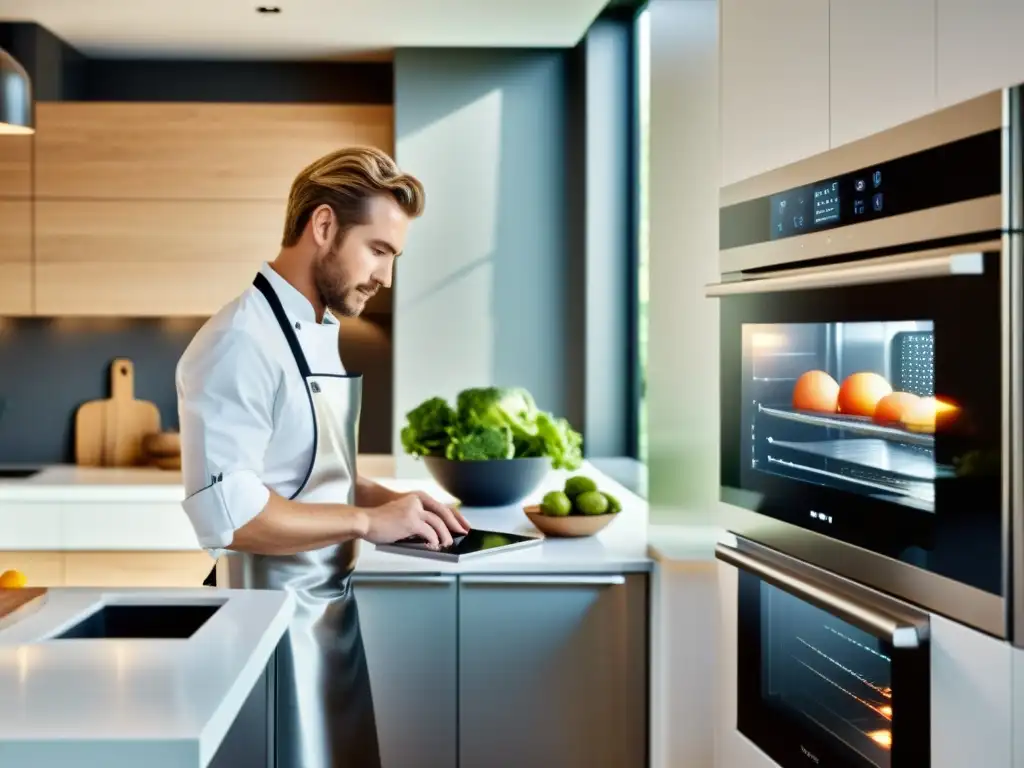 Transformación culinaria a través de IoT: Cocina moderna con electrodomésticos futuristas, diseño minimalista y chef usando un horno inteligente