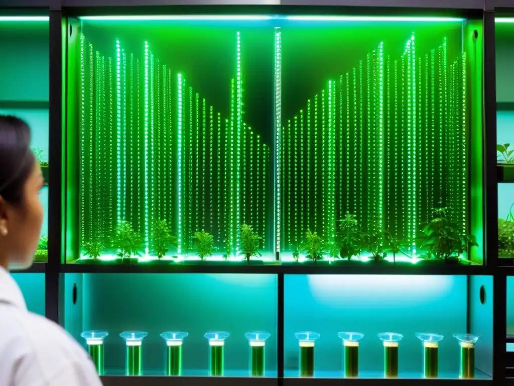 Un cultivo modificado genéticamente muestra su estructura de ADN con un brillo futurista en un laboratorio de bioingeniería