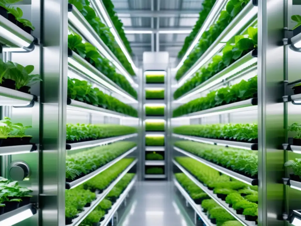 Cultivo vertical tecnología agropecuaria sostenible: Imagen impresionante de una instalación agrícola vertical de última generación, con cultivos verdes exuberantes en torres futuristas bañadas en luz natural suave