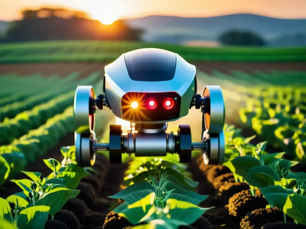 Robot agrícola tecnológico cuidando cultivos al atardecer, soluciones tecnológicas escasez mano obra agrícola