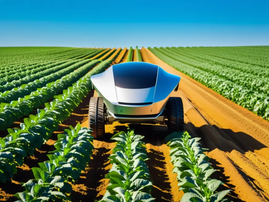 Robot agrícola futurista cuida cultivos en campo verde bajo cielo azul despejado