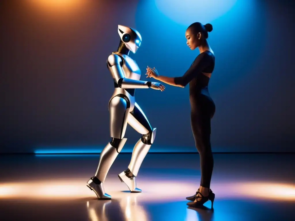 Una danza armoniosa entre un robot futurista y un bailarín, reflejando la integración de danza y robótica en un estudio de alta tecnología