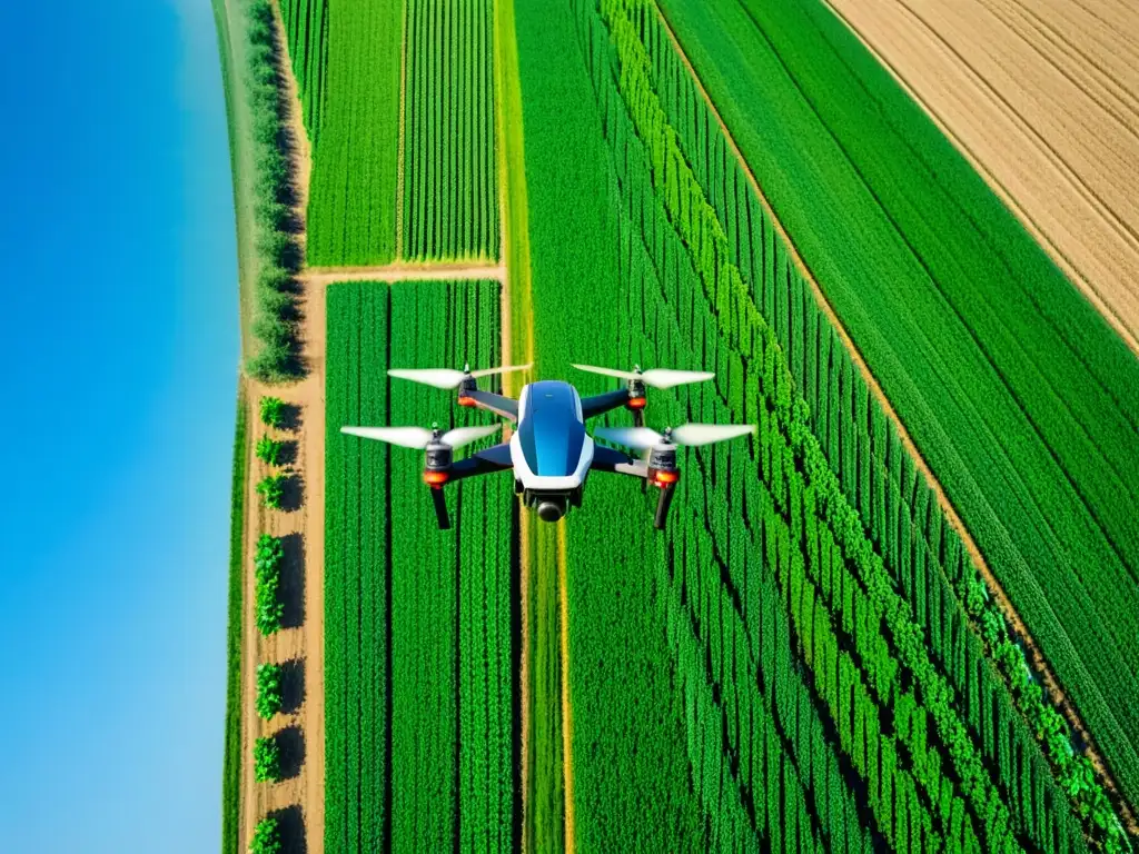 Dron agrícola capturando datos en campo de cultivo: cosecha de precisión con tecnología de vanguardia