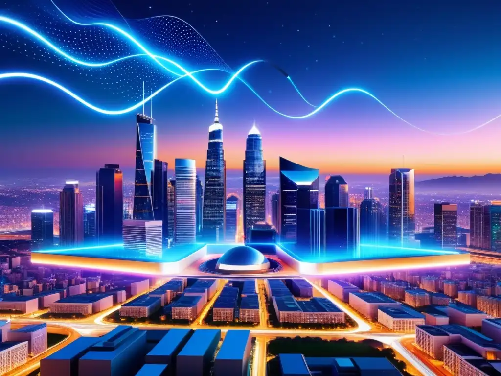 Skyline nocturno futurista con edificios 5G iluminados Desafíos 5G tecnologías emergentes: Ciudad futurista de noche con edificios inteligentes 5G iluminados y líneas de datos brillantes