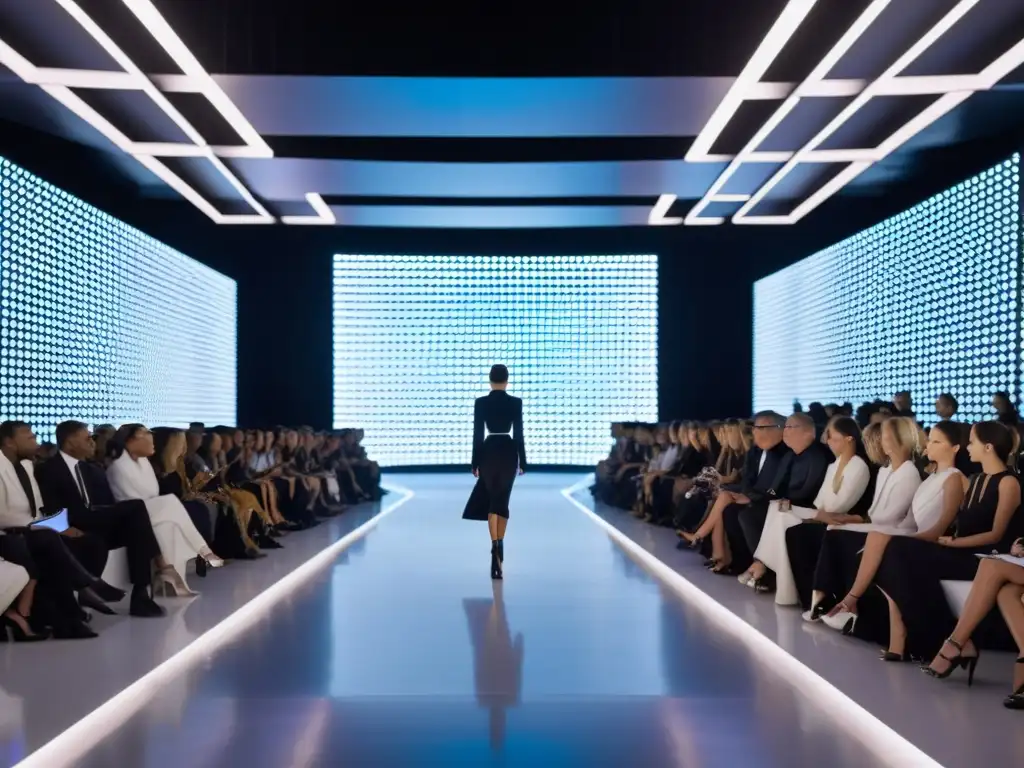 Desfile futurista de moda con diseños de inteligencia artificial en la pasarela, fusionando tecnología y alta costura de forma vanguardista