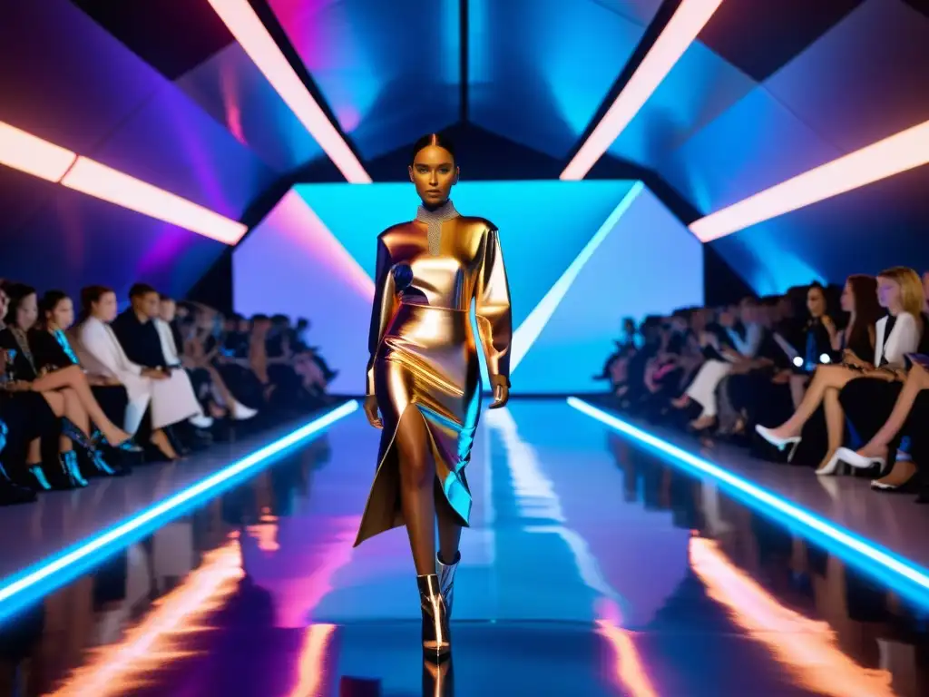 Un desfile futurista con modelos luciendo prendas vanguardistas diseñadas por IA, con telas metálicas y formas geométricas