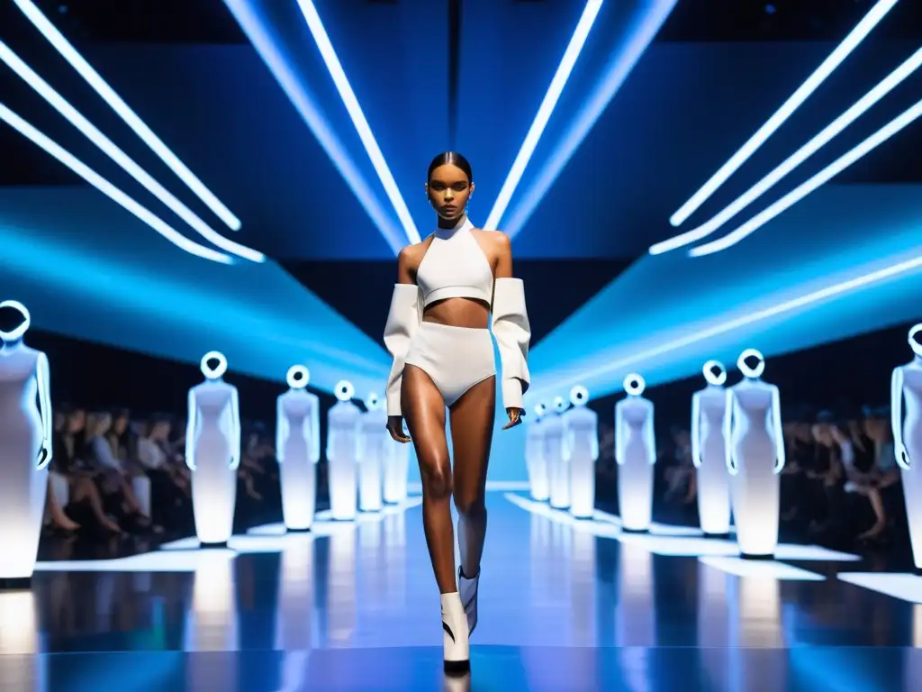 Desfile futurista con modelos y proyecciones de moda, integrando tecnología AI