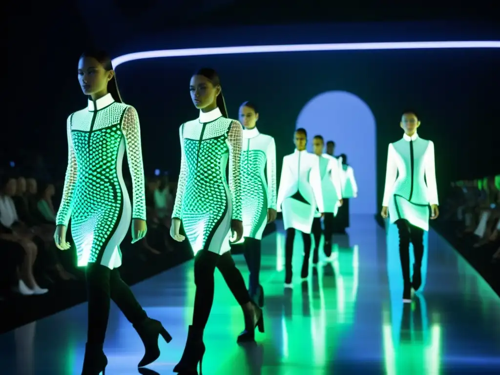 Desfile futurista de modelos con ropa inteligente tecnologías emergentes, iluminada con patrones lumínicos y colores cambiantes