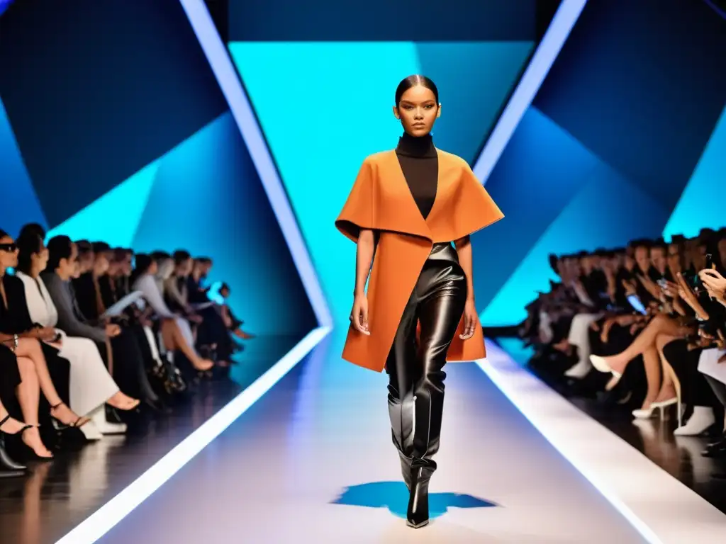 Un desfile futurista con tecnología textil para wearables en moda, modelos seguros y público cautivado