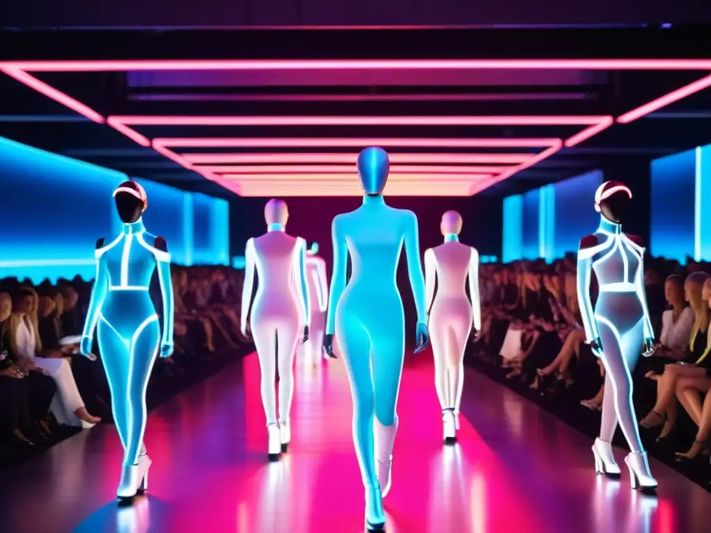 Un desfile de moda futurista con diseños generados por inteligencia artificial, maniquíes robóticos y luces de neón