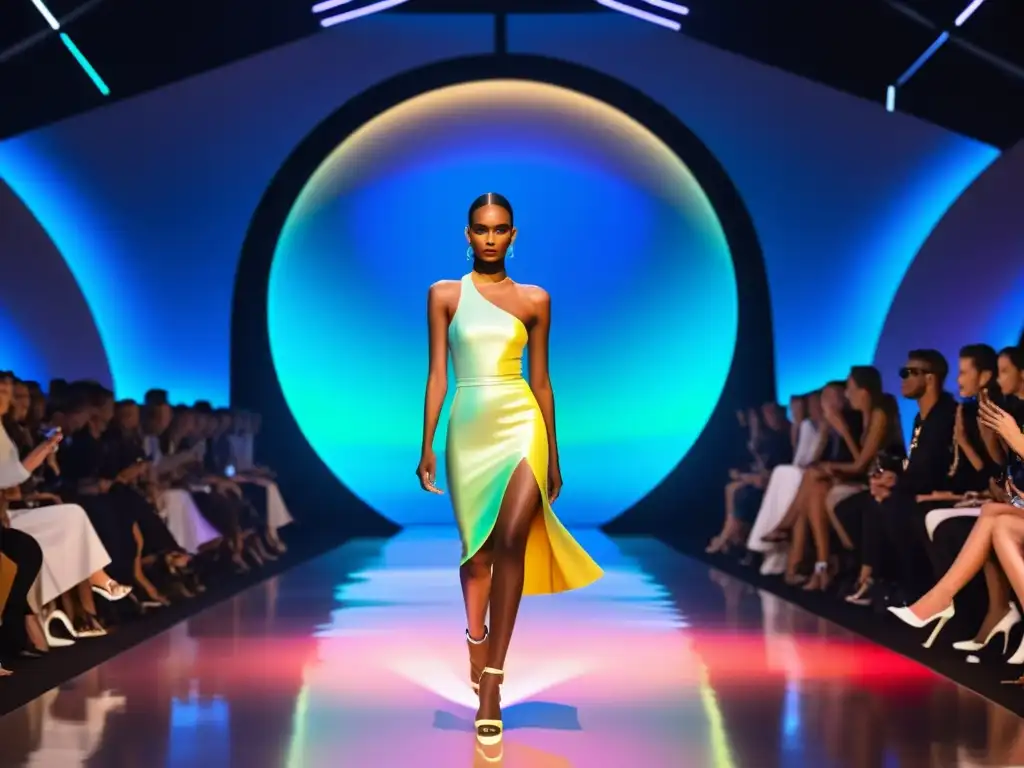 Desfile de moda futurista con diseños AI, iluminación dinámica y público cautivado