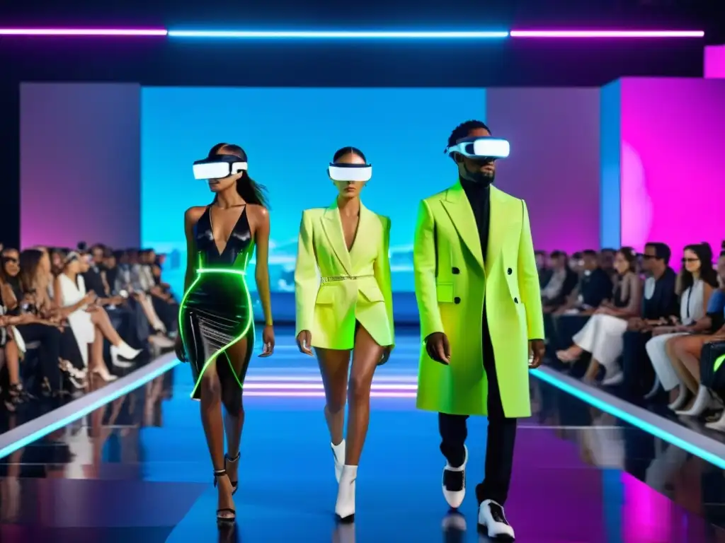 Desfile de moda futurista con tecnología vestible AR/VR y ciudad digital al fondo