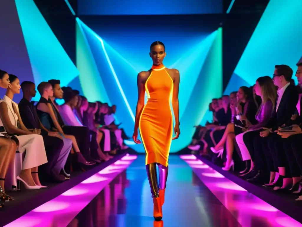 Desfile de moda textil futurista con nanotecnología Desfile de moda con nanotecnología en textiles inteligentes: modelos con prendas futuristas y luces neón vibrantes