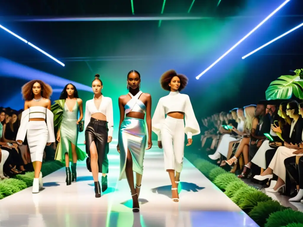 Desfile de moda sostenible con tecnologías emergentes en una pasarela futurista rodeada de vegetación exuberante y elementos arquitectónicos futuristas