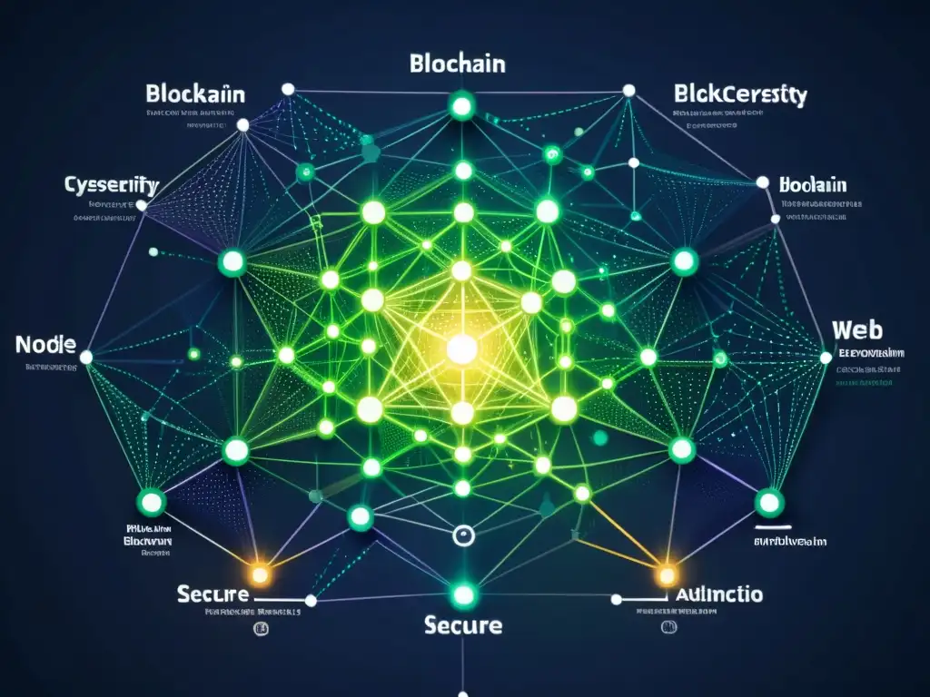 Una visualización deslumbrante de la compleja red de blockchain, con nodos brillantes y caminos que representan las estrategias de ciberseguridad