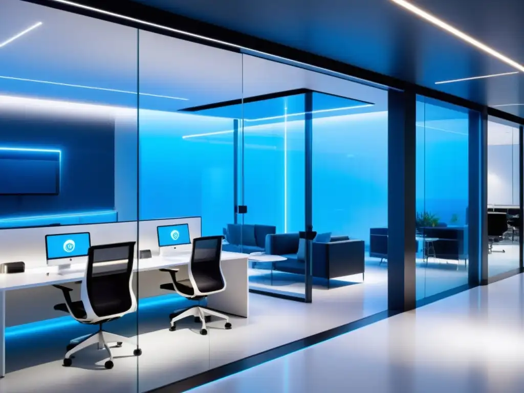 Oficina futurista con tecnología de vanguardia y diseño minimalista Deslumbrante oficina futurista con tecnología de vanguardia y moderno diseño, iluminación LED azul sutil