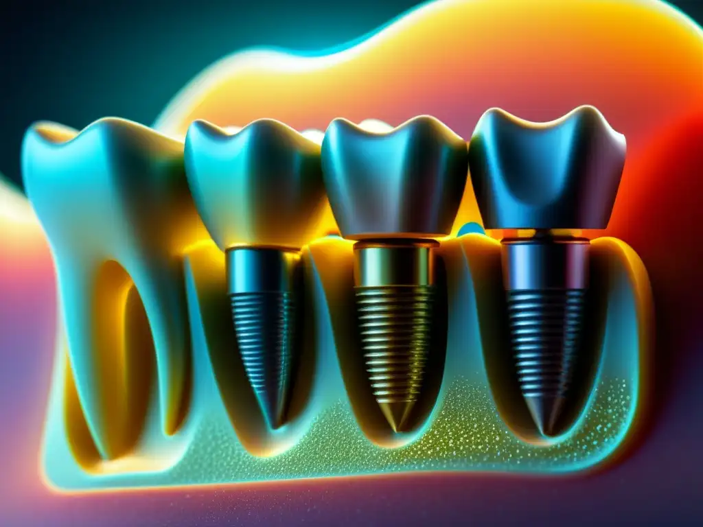 Detallada imagen en alta resolución de un implante dental recubierto con nanopartículas, reflejando moderna nanotecnología en odontología