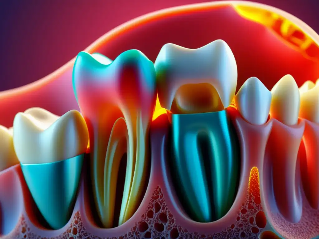 Detallada imagen 3D de regeneración dental con biotecnología, mostrando el proceso de regeneración del tejido dental