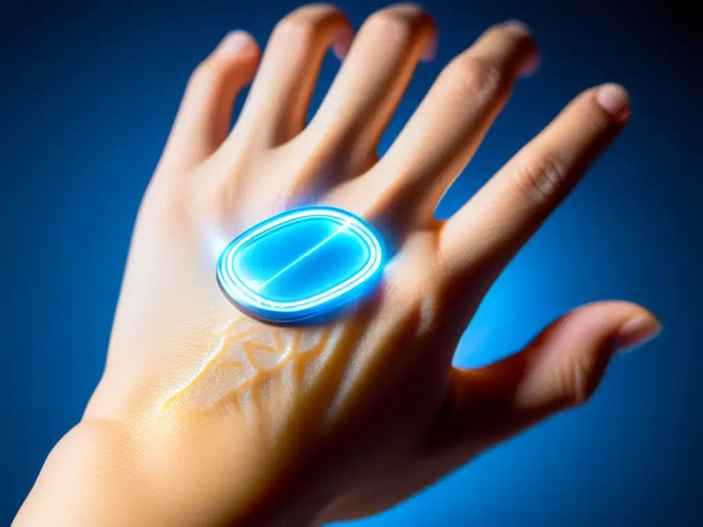 Detallada imagen de un implante biohacking futurista en la mano, con luces LED azules y patrones de circuitos visibles bajo la piel transparente