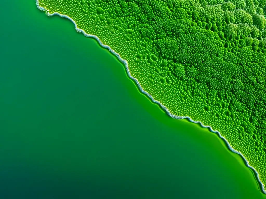 Detallada imagen de microalgas verdes en agua clara, con estructuras celulares y pigmentos de clorofila visibles bajo microscopio