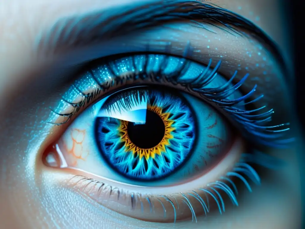 Detallada imagen de un ojo iluminado con luz azul futurista, resaltando la biometría como clave seguridad