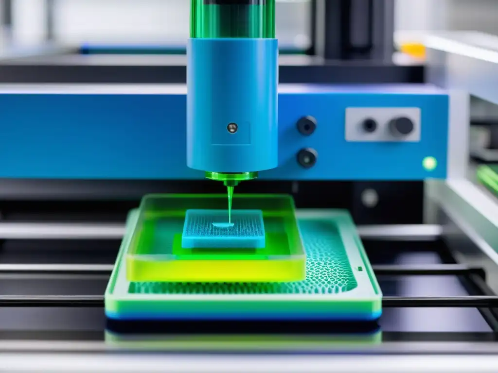 Detallada biofabricación de materiales sostenibles con bioimpresora, depositando bio tinta verde y azul en un andamio de forma precisa