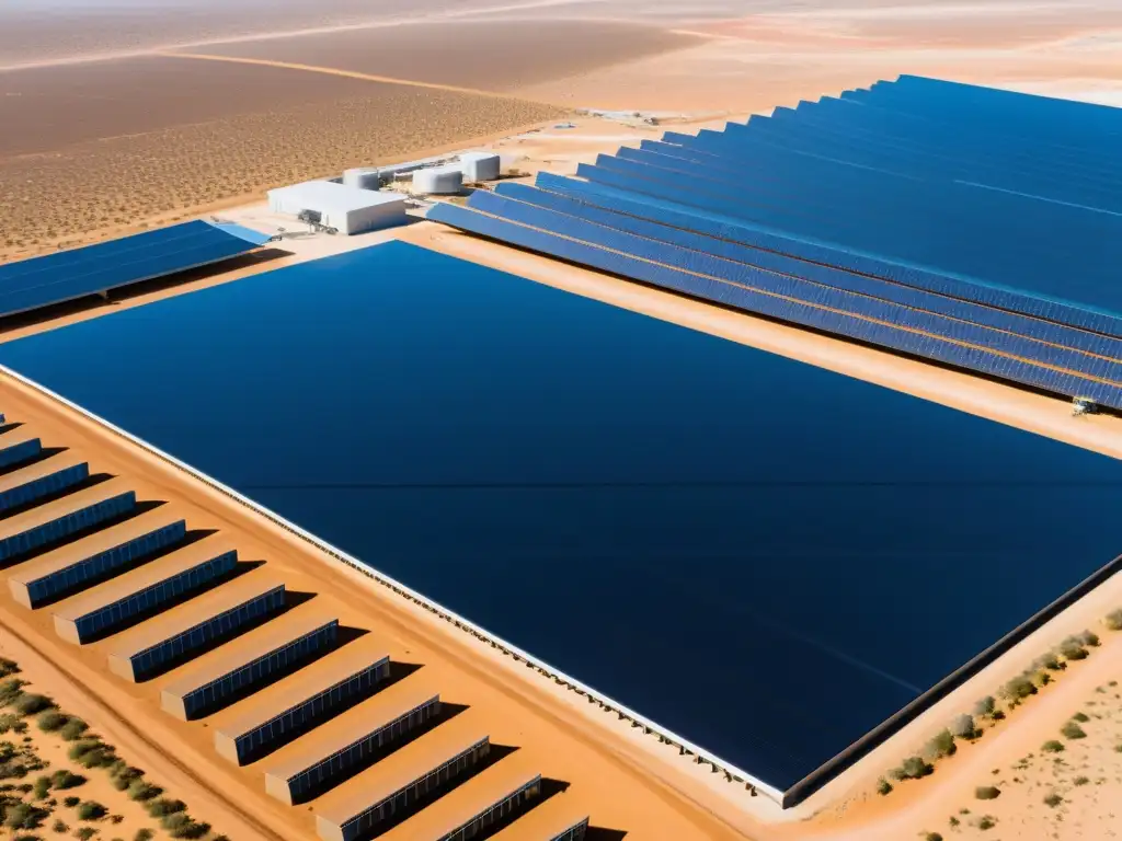 Una fotografía detallada de una moderna planta de desalinización solar en el desierto, con tecnología avanzada y diseño elegante