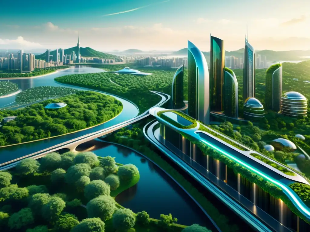 Detalle de ciudad futurista integrada con Inteligencia Artificial en Gestión Ambiental