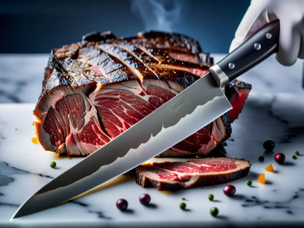 Detalle de corte de carne cultivada en laboratorio con cuchillo afilado, resaltando su textura y marbrado