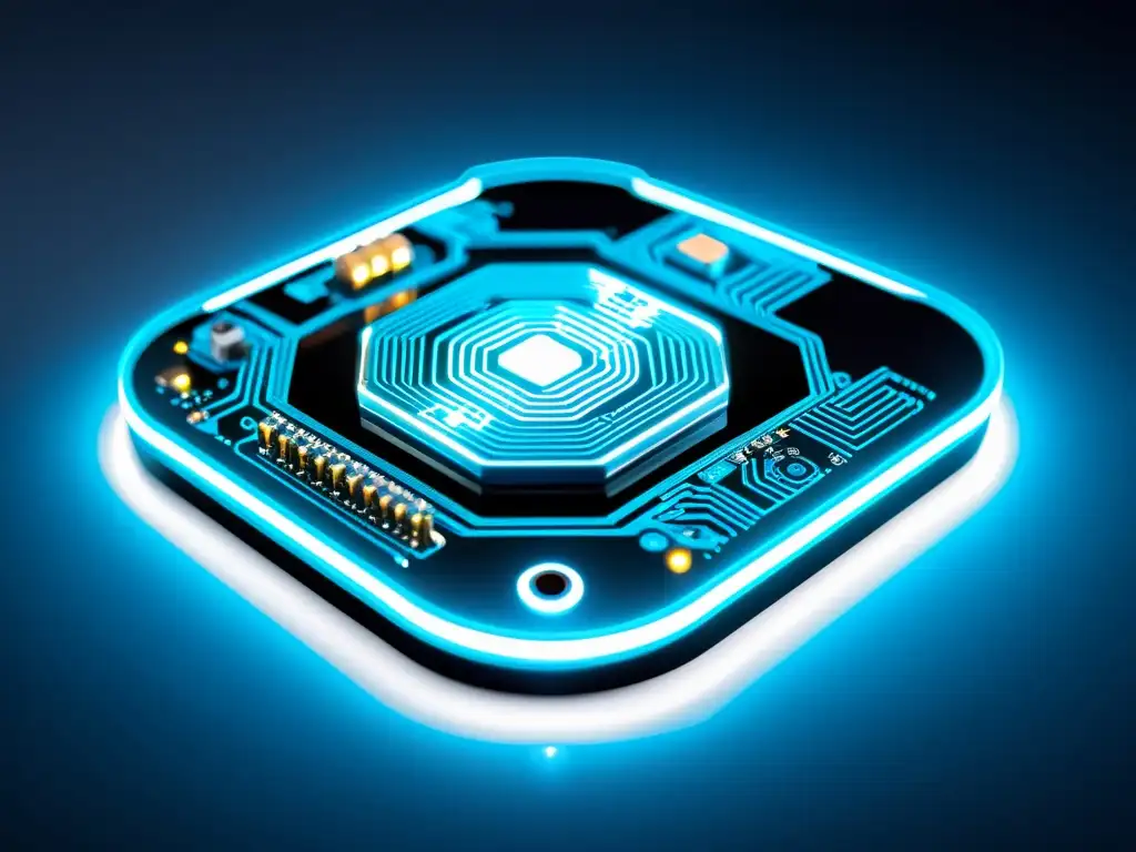 Dispositivo IoT ultramoderno con detalles de circuitos y seguridad Detalle de dispositivo IoT con diseño futurista y seguridad integrada