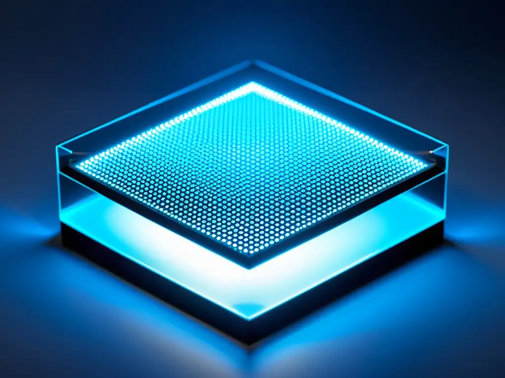 Detalle de dispositivo de nanotecnología para reducción de ruido, con estructuras nanométricas en azul LED, reflejando innovación y precisión