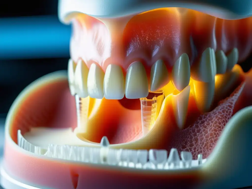 Detalle de impresión 3D de estructura dental con biocompatibles, en laboratorio avanzado