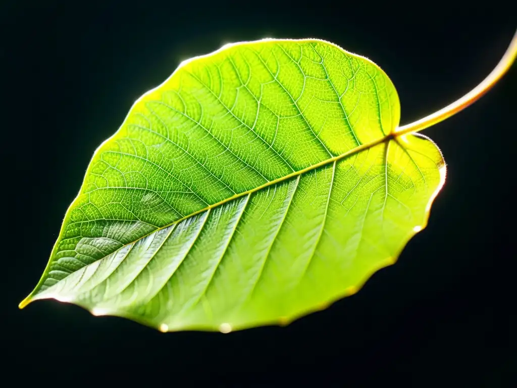 Detalle de una hoja verde con nanoestructuras visibles, iluminada por el sol