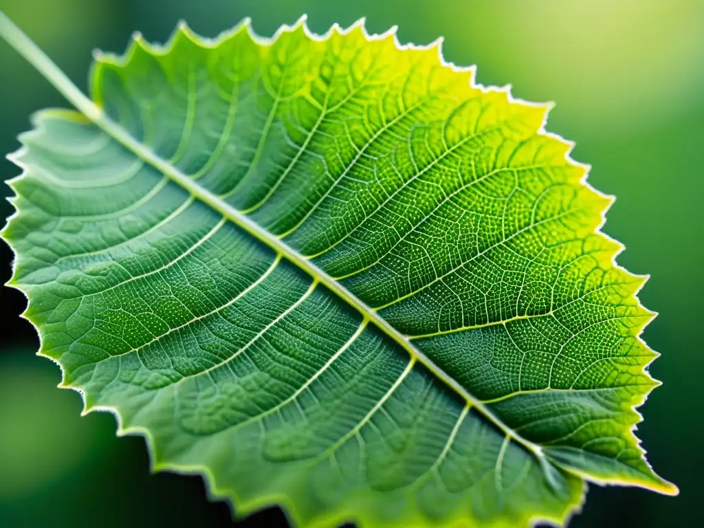 Detalle de hoja verde con nanopartículas brillantes, ejemplificando los beneficios de la nanotecnología en agricultura